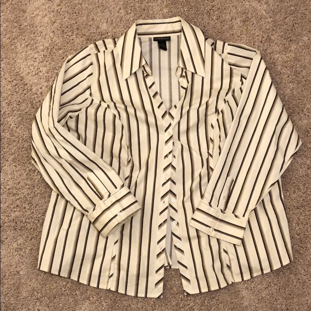 Cream, black, gold, grey striped button up shirt